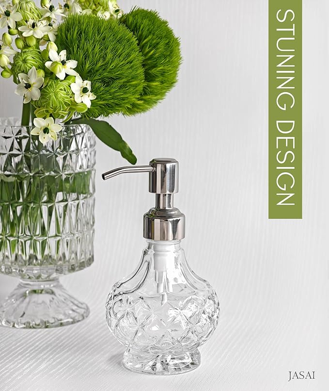 JASAI Clear Glass Small Soap Dispenser, Bathroom Soap Dispenser with Strudy Pump for Small Kitchen and Bathroom, Kitchen Soap for Lotions, Dish Soap, Hand Soap, Body Oil.