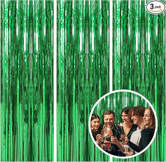 3 Pack Green Backdrop Tinsel Curtain Party Streamers Jungle Party Decorations Foil Fringe Green Backdrop for Birthday Christmas Dinosaur Animal St Patrick's Day Football Party Decorations