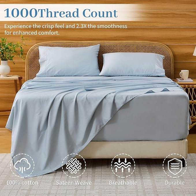 Bedlifes Deep Pocket Sheets 18-24 Inch, Queen Size Egyptian Cotton 1000 Thread Count, 4-Piece - Fits Extra Thick Mattresses, Cooling & Breathable (Light Blue)