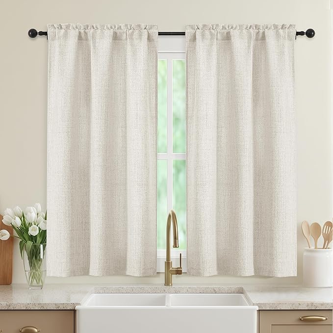 Natural Kitchen Curtains 45 Inch Length 2 Panels, Light Filtering Faux Linen Textured Short Kitchen Window Curtains Over Sink, Half Curtain Tiers for Cabinet Bathroom Basement, 30Wx45L Inch
