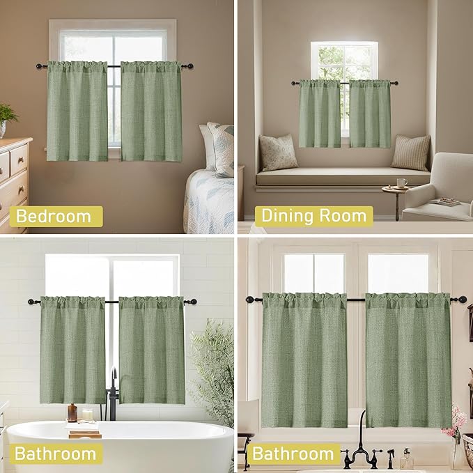 Sage Green Kitchen Curtains 24 Inch Length 2 Panels, Light Filtering Faux Linen Textured Short Curtains Tier for Windows, Small Curtain for Cafe Cabinet Bathroom Basement RV Camper, 30Wx24L