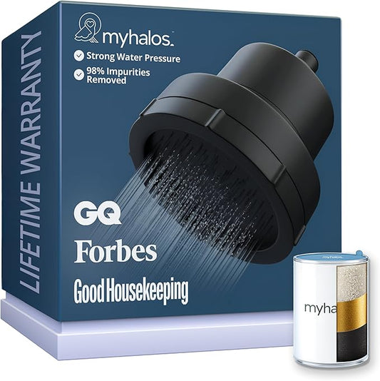 MyHalos® Filtered Shower Head for Hard Water Filter - High Pressure, Removes Chlorine - Shower Head Filter for Hard Water Softener Showerhead, Easy Install, For Hair & Skin, Filtering (Black)