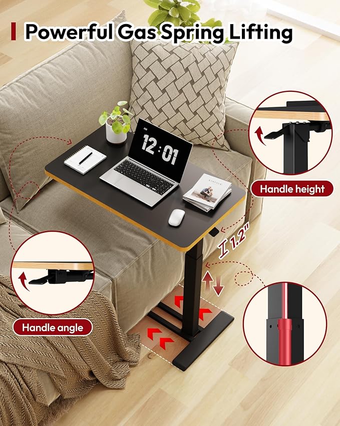 SANODESK Medical Adjustable Overbed Bedside Table with Casters 90° Tilt Top Pneumatic Mobile Rolling Laptop Computer Standing Desk Cart with Tray, Hospital and Home Use(31.5" W x 17.7" D, Black)