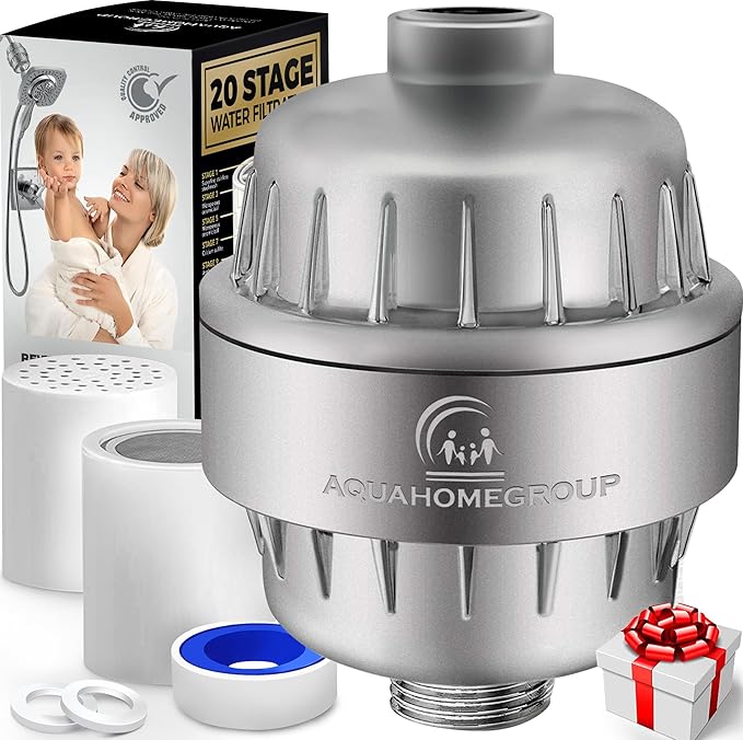 AquaHomeGroup 20 Stage Shower Head Filter with Vitamin C E A for Hard Water - High Output Water Filters to Remove Chlorine and Fluoride - 2 Cartridges Included - Consistent Flow Showerhead Filter
