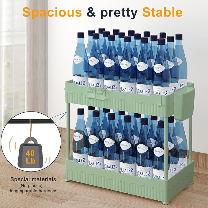 2 Pack Under Sink Organizer, Under Bathroom Cabinet Organizer with Hooks Hanging Cup, Multi-Purpose Storage Shelf for Kitchen Bathroom (Green, XL)