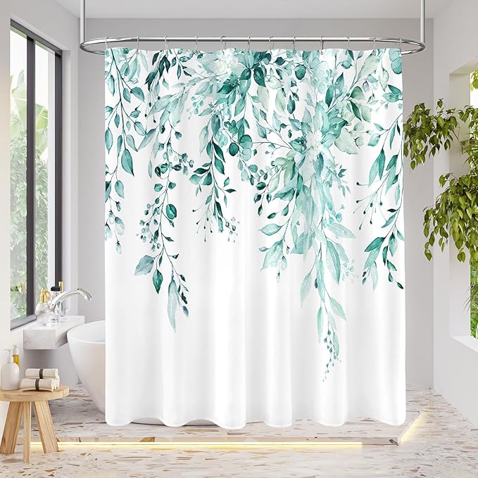 Extra Long Eucalyptus Shower Curtain 72 x 96 Inch, Teal Botanical Floor to Ceiling X-Long Shower Curtain, Watercolor Plant Leaves with Floral Decorative Bathroom Curtain with Hooks