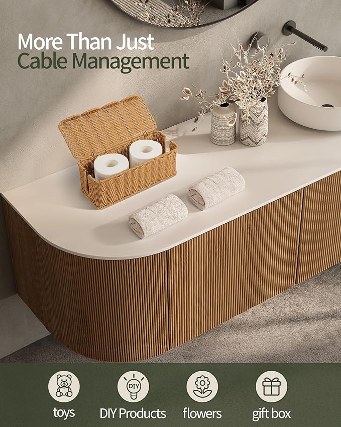 YECAYE Handwoven Rattan Style Cable Management WavyWeave Box, Decorative Storage Cord Organizer Box for Power Strips & Cords, Cord Hider for Home, Kids & Pet Safety, DIY-Friendly Cord Management