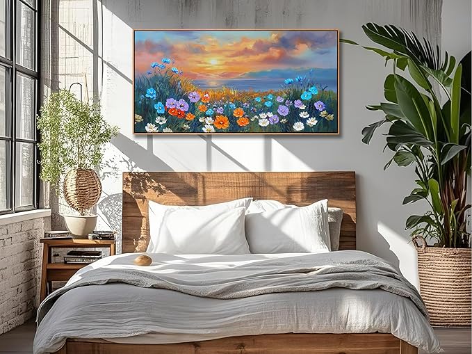 Ardemy Wildflower Wall Art for Living Room Large Framed Floral Canvas Pictures Bedroom Wall Decor Sunset Paintings Flower Textured Artwork for Walls Dining Room Home Office 40"x20"