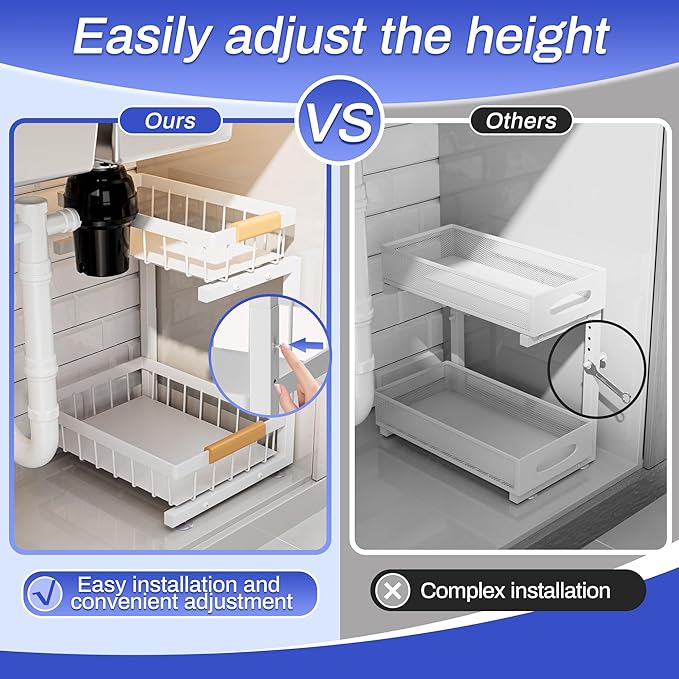 ADBIU Under Sink Organizer, 2 Pack 2 Tier Expandable Height (13.2" - 17.2") Pulling Out Kitchen Bathroom Cabinet Organizers (White, Large Size)