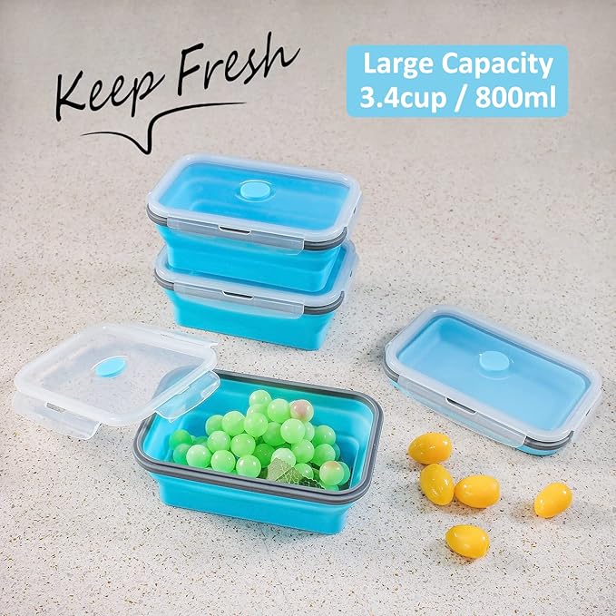 Collapsible Food Storage Containers with Airtight Lid & Vent Valve, 27 oz, Kitchen Stacking Silicone Collapsible Meal Prep Container Set for Leftover, Microwave Freezer Safe, Blue, Set of 4