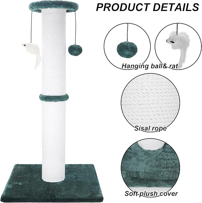 Cat Scratching Post 34 Inches Heavy Duty and Thicker Cat Scratching Post Sisal Rope with Hanging Ball and Mice Scratching Post for Indoor Cats and Adult(Green)