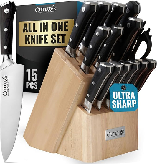 Cutluxe 15-Piece Knife Set – Premium Rubberwood Wood Block – Knife Set for Kitchen, Ultra Sharp High Carbon German Stainless Steel, Full Tang – Artisan Series