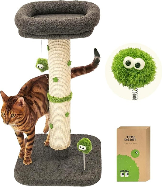 TinyBeast 29.5" Tall Cat Scratching Post, 4-in-1 Natural Sisal Cat Scratcher with Removable Plush Perch Bed, Cat Stand Featuring Dangling Ball & Spring Ball, Cat Tree Tower for Indoor Adult Cats