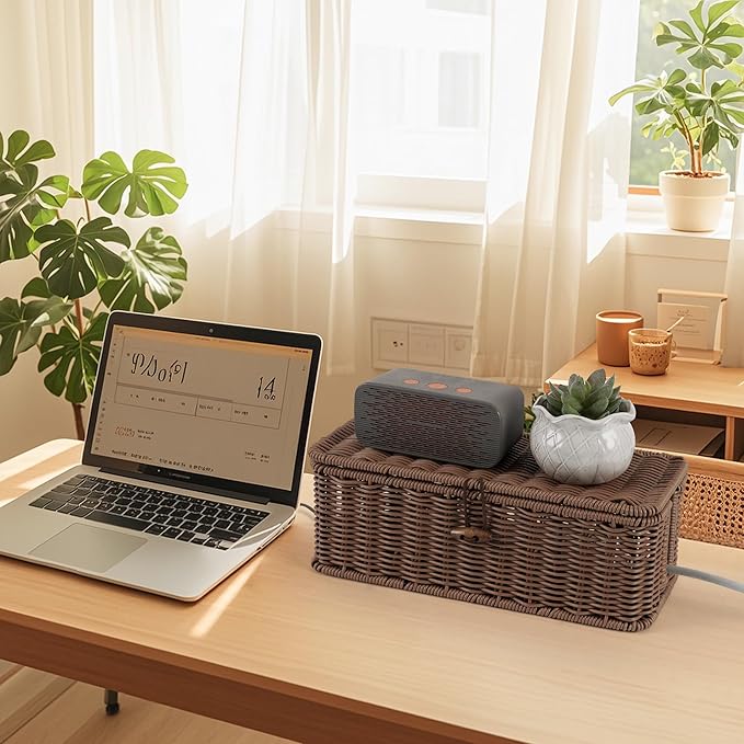 Cable Management Box, Handwoven Faux Rattan Cord Organizer Box with Lid, 2 Open Slots Cable Organizer Box, Decorative Cord Hider Box for Tv Computer USB Hub & Power Strip Holder