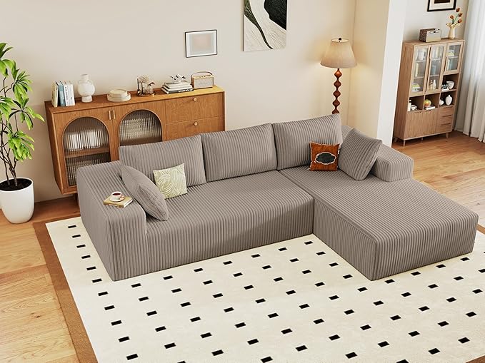 96" Modular Sectional Couch, Boneless L Shaped Cloud Sofa with Chaise Lounge, Corduroy Upholstered Couches Memory Foam Deep Seat, No Assembly Required, Ideal for Living Room(Camel, Right Facing)