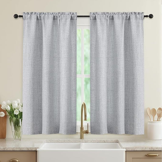 Grey Kitchen Curtains 45 Inch Length 2 Panels, Light Filtering Faux Linen Textured Short Kitchen Window Curtains Over Sink, Half Curtain Tiers for Cabinet Bathroom Basement, 30Wx45L Inch