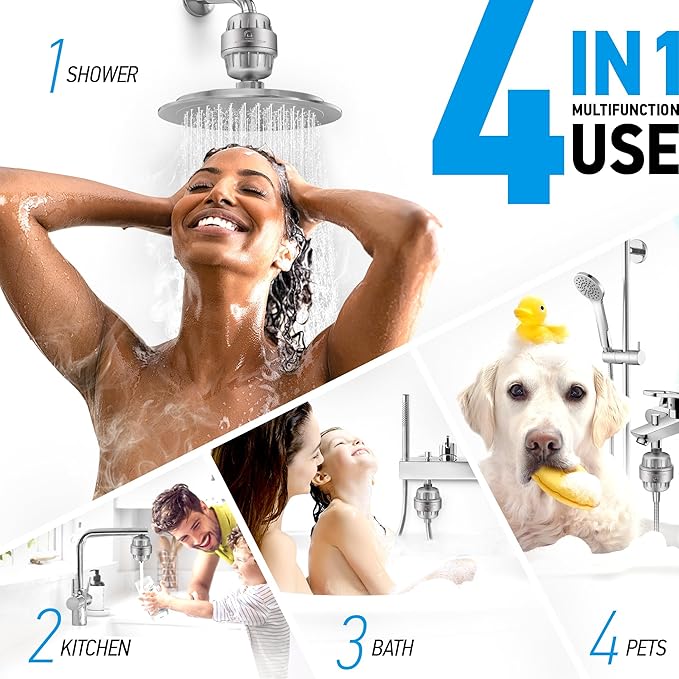 AquaHomeGroup 20 Stage Shower Head Filter with Vitamin C E A for Hard Water - High Output Water Filters to Remove Chlorine and Fluoride - 2 Cartridges Included - Consistent Flow Showerhead Filter