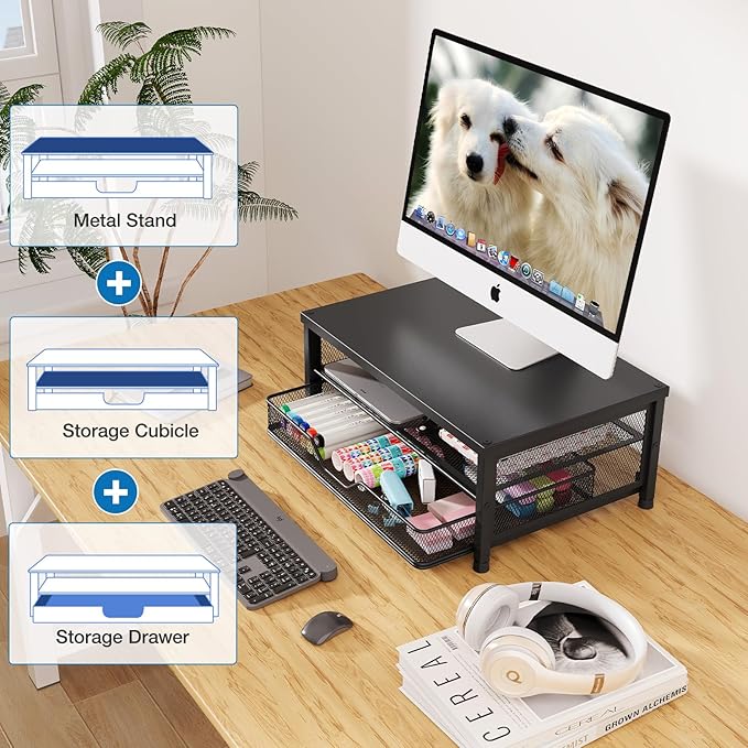 Computer Monitor Stand Riser, Desk Organizers and Accessories with Drawer, Laptop Stand, Office Desk Accessories & Workspace Desktop Organizers Storage for Office Supplies(Black)