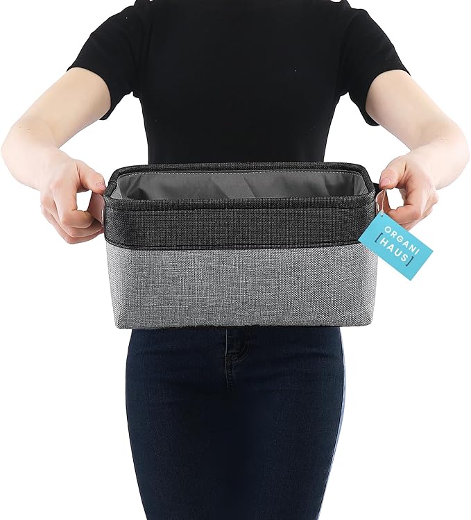 OrganiHaus Small Fabric Storage Baskets for Shelves 6 Pack, 12x8in Closet Storage Bins for Shelves, Cloth Baskets for Organizing, Linen Closet Organizers, Fabric Basket, Gray/Black