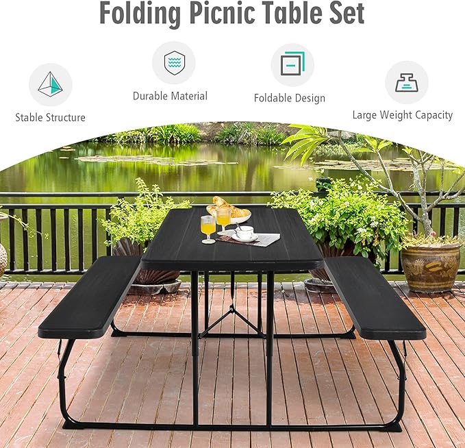 GYMAX Picnic Table, 550 LBS Folding Picnic Tables with Benches & Seats, Weather-Resistant Easy Setup Portable Picnic Table, Wood-Like Foldable Picnic Tables for Outdoors Patio Deck Party BBQ (Black)