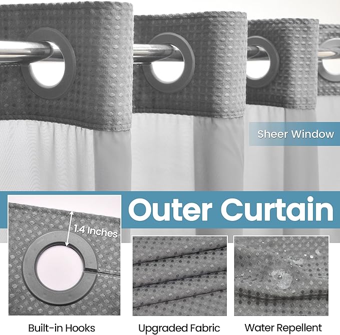 Long No Hook Shower Curtain with Snap in Liner,230GSM Waffle Weave Shower Curtains for Bathroom,71W x 80H(78"),Grey