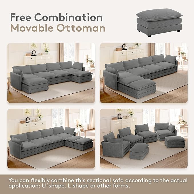 ROWHY 148'' Sectional Cloud Couch with 2 Ottomans, Oversized 4 Seat Sleeper Sofa with 2 Throw Pillows, Convertible Upholstered U Shaped Cozy Sofa Furniture Set for Living Room and Office, Dark Grey