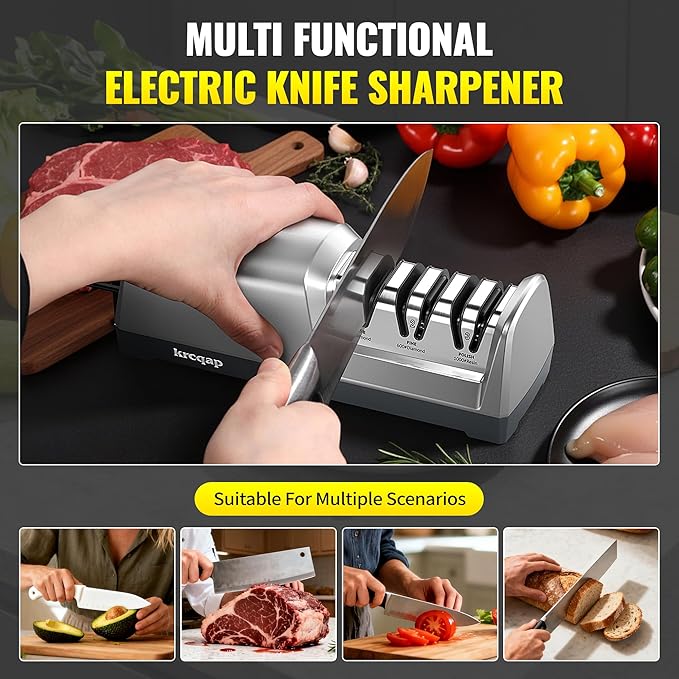 Knife Sharpener Electric for Kitchen - Kitchen Knife Sharpener 3-Stage - 15-Degree EdgeSelect Angle - Knife Sharpeners 100% Diamond Abrasive - Fast Sharpening, Repair, Restore, Polish (Silver)