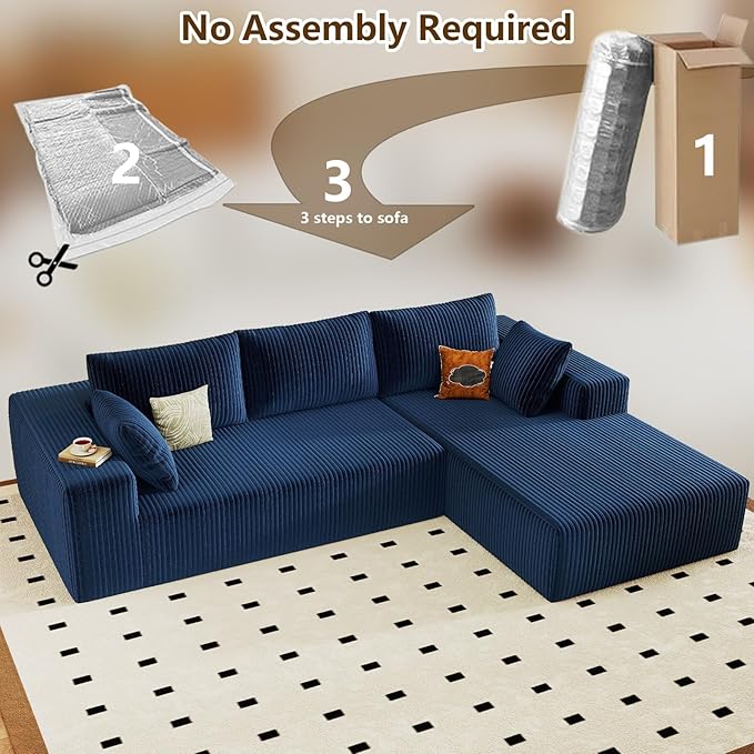 96" Modular Sectional Couch, Boneless L Shaped Cloud Sofa with Chaise Lounge, Corduroy Upholstered Couches Memory Foam Deep Seat, No Assembly Required, Ideal for Living Room(Blue, Right Facing)