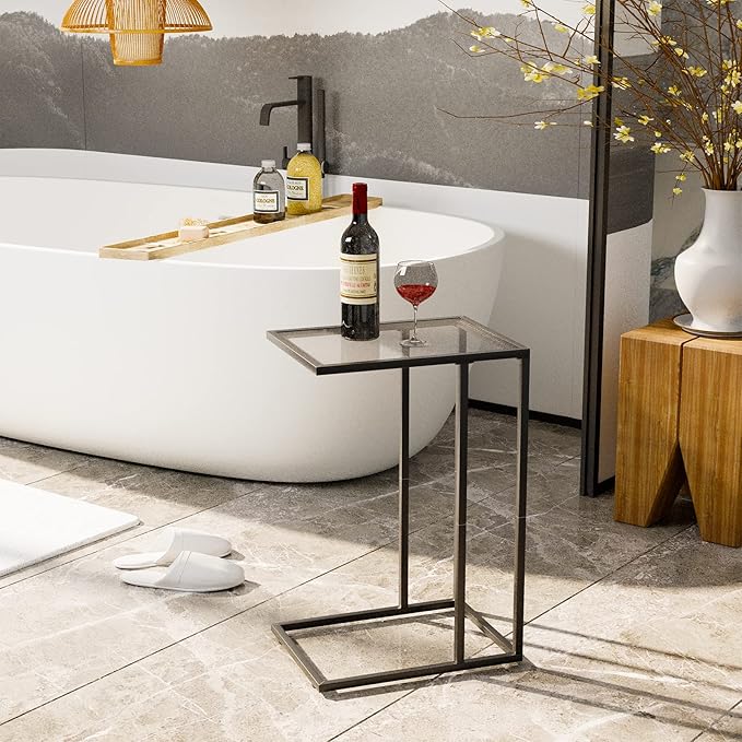 C Shaped End Table,Small Sofa Couch Side Table, Tempered Glass Snack TV Tray Table with Metal Frame for Small Space,Living Room, Bedroom, Bedside,Modern Style, Black,