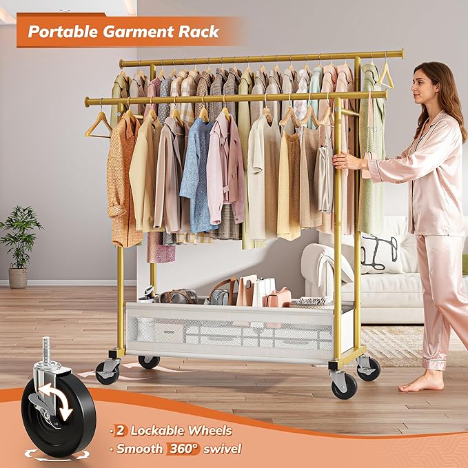 Clothes Rack, Double Rod Clothing Rack with Storage Bag & Sturdy Wheels, Metal Garment Rack for Closet Organizers and Storage, 43.3" W×17.7" D×63" H