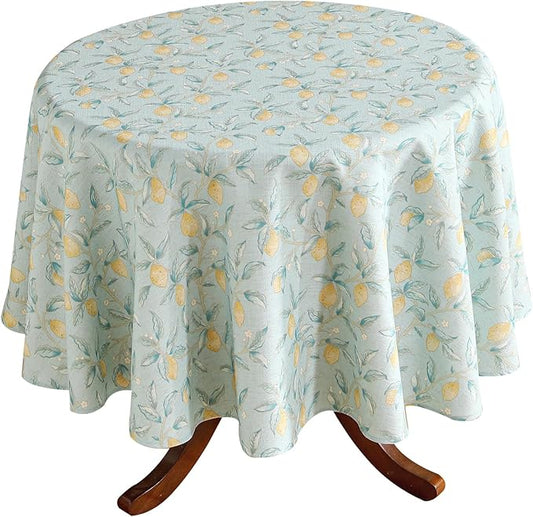 patdrea Designer Linen Vintage Green Tablecloth for Round Table,Durable Fruits Pattern Yellow Tablecloths,Fall Decor Table Cover for Kitchen Dining Christmas,Thanksgiving,Diameter 55"-Ania a
