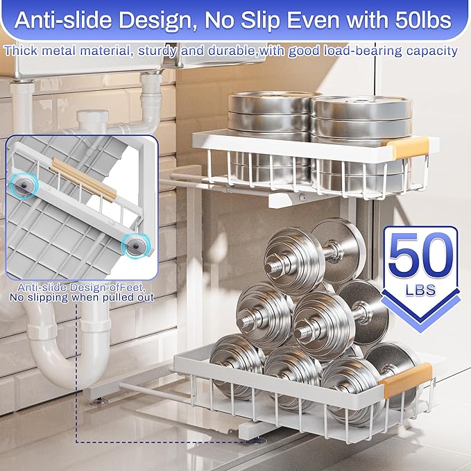 ADBIU Under Sink Organizer, 2 Pack 2 Tier Expandable Height (13.2" - 17.2") Pulling Out Kitchen Bathroom Cabinet Organizers (White, Large Size)