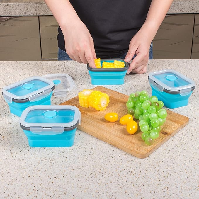 Collapsible Food Storage Containers with Lids & Vent, 11.8 oz, Kitchen Stacking Silicone Collapsible Meal Prep Container Set for Leftover, Microwave Freezer Dishwasher Safe, Blue Small 4 Pack