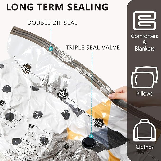 8 Small Vacuum Storage Seal Bags, Space Saver Bags with Travel Hand Pump, Compression Airtight Sealer Bags for Clothes, Bedding, Pillows, Comforters, Blankets