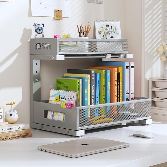 2-Pack Under Sink Storage Organizer, Large 2-Tier Elegant Mesh Pull Out Shelf for Kitchen and Bathroom Cabinet Organization, L-Shaped and Adjustable Height Design-Gun Gray