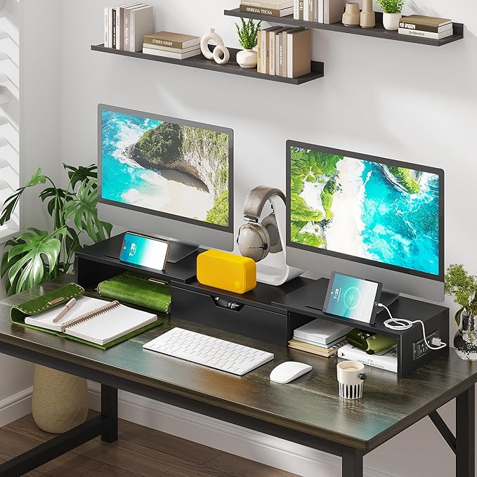 Elephance Dual Monitor Stand with USB Ports,Wood Computer Monitor Stand with Drawer,Adjustable Monitor Stand Riser,Desk Organizer for PC,Computer,Laptop,Black