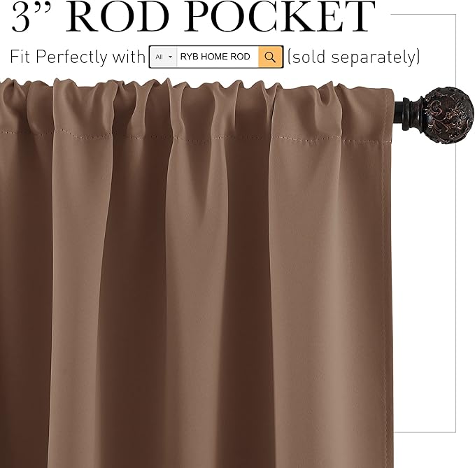RYB HOME Small Window Curtains - Light Block Privacy Portable Drapes for Bedroom Kitchen Cabinet Kid Basement RV Curtains, Wide 29 x Long 36 per Panel, Mocha, 2 Pcs