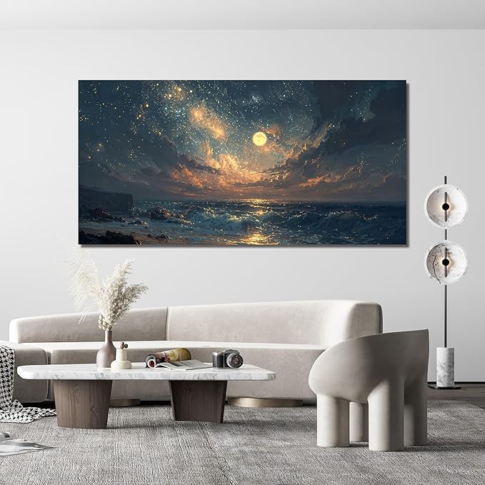 Canvas Wall Art Decor Gold And Blue Art Wall Decor Beach Waves Large Wall Art Pictures For Living Room Decorations Artwork For Walls For Bedroom Office Canvas Pictures For Wall Decor 24 × 48 Inch