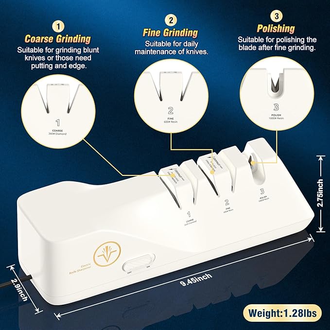 Professional Electric Knife Sharpeners with 100% Diamond Abrasives and Precision Angle Guides, Multifunctional 3-Stage Slots, Applicable to Straight Knife and Ceramic Knife
