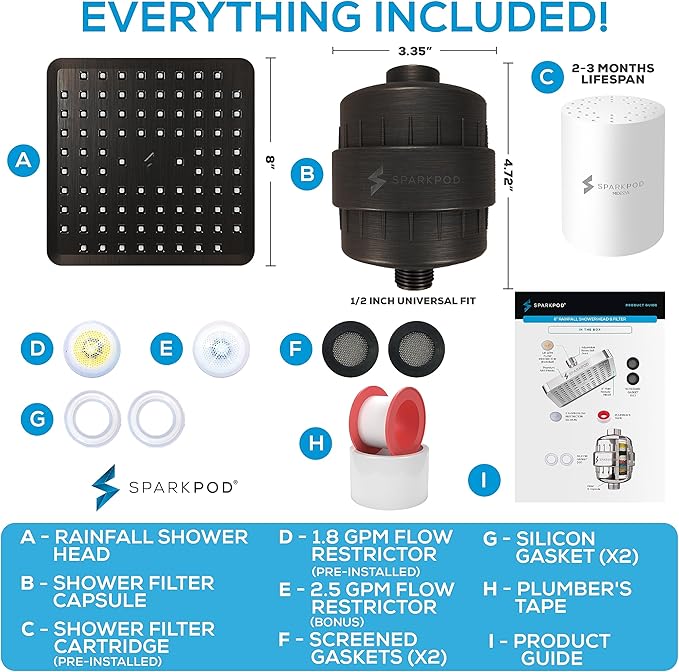 SparkPod Luxury Filtered Shower Head Set 23 Stage Shower Filter - Reduces Chlorine and Heavy Metals - High Pressure Showerhead Filter (8" Square, Vintage Oil-Rubbed Bronze)
