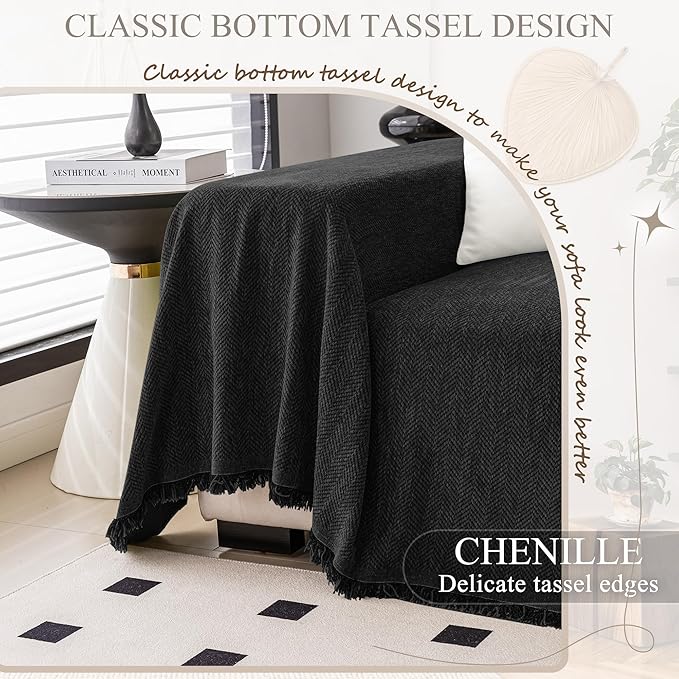 ALIECOM Sectional Couch Covers L Shape Sectional Sofa Cover for Dogs 2 Piece Thick Chenille L Shaped Couch Cover Blanket Chaise Sofa Slipcovers Pet Furniture Protector Washable (X-Large, Black)