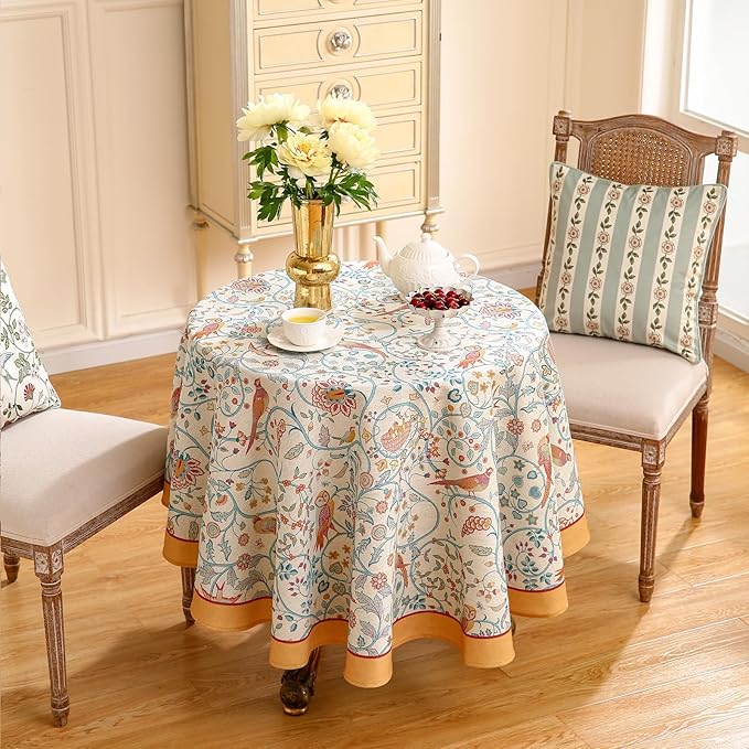 patdrea Designer Yellow French Round Tablecloth,Rustic Linen Floral Birds Table Cloth,Fall Decor Table Cover for Kitchen Dining Holiday Banquet,Christmas,Thanksgiving,Diameter 67"-Magnolia