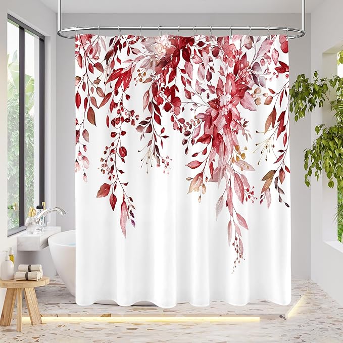 Extra Long Eucalyptus Shower Curtain 72 x 96 Inch, Burgundy Red Botanical Floor to Ceiling X-Long Shower Curtain, Watercolor Plant Leaves with Floral Decorative Bathroom Curtain with Hooks