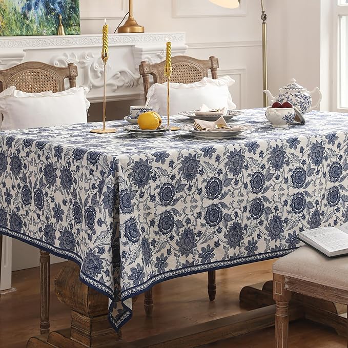 patdrea Designer Vintage Blue Rectangle Tablecloth,Linen Anti-Wrinkle Paisley Pattern Farmhouse Extra Long Table Cloth,Decor Cover for Kitchen Dining,Christmas,Thanksgiving,63"x110"-Lantang a