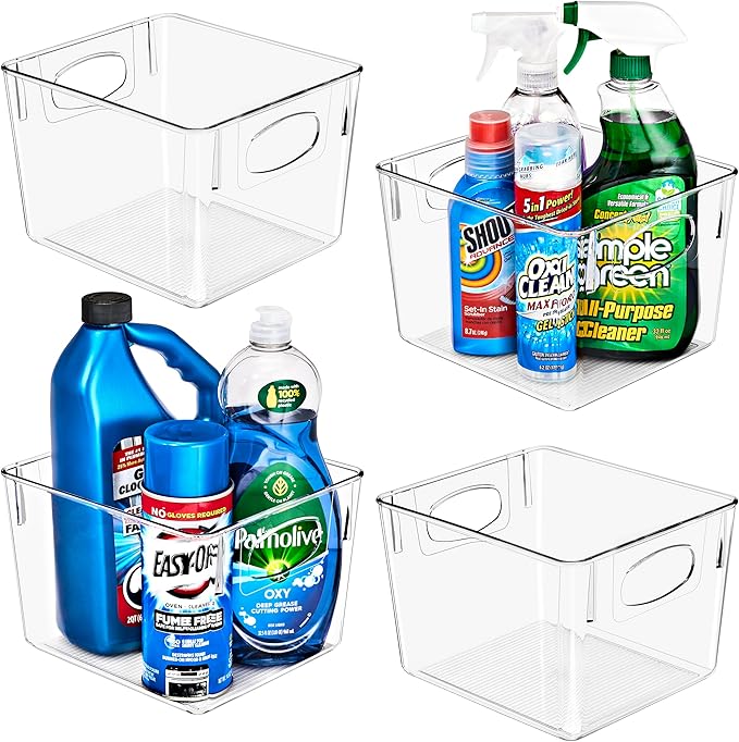 Sorbus 4 Pack Medium Clear Plastic Storage Bins, Clear Organizer Bins with Handle for Kitchen, Pantry, Cabinet, Refrigerator, Craft, Toys, Clothes, Closet, Under Sink, Bathroom Organizers and Storage