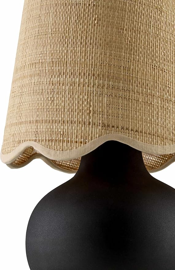 BoutiqueRugs Navarro Boho Ceramic Bedside Table Lamp for Bedroom Nightstand and Living Room - Shade Rattan - Black, Beige - 13" H