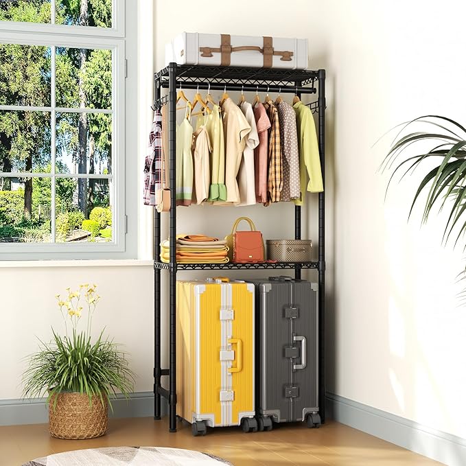 Over Washer and Dryer Shelves,2 Tier Adjustable Height Wire Shelving Laundry Room Storage Organization Clothes Drying Rack with Hanger Rod&Hooks,Space Saving Organizers Shelf,Black