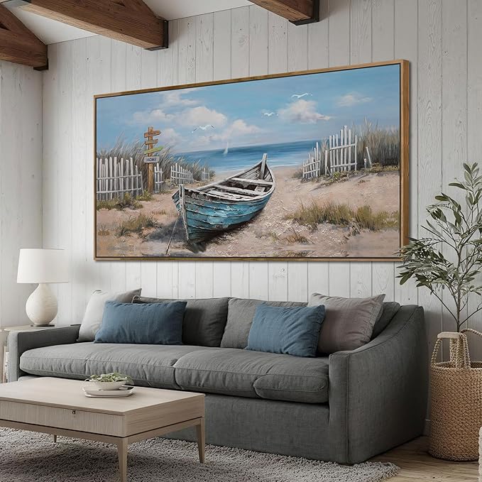 Ardemy Framed Canvas Wall Art Extra Large Boat Bedroom Pictures Wall Decor Living Room, Beach Seascape Paintings Wall Decor Textured Artwork for Kitchen Dining Room Home Office, 48"x24"