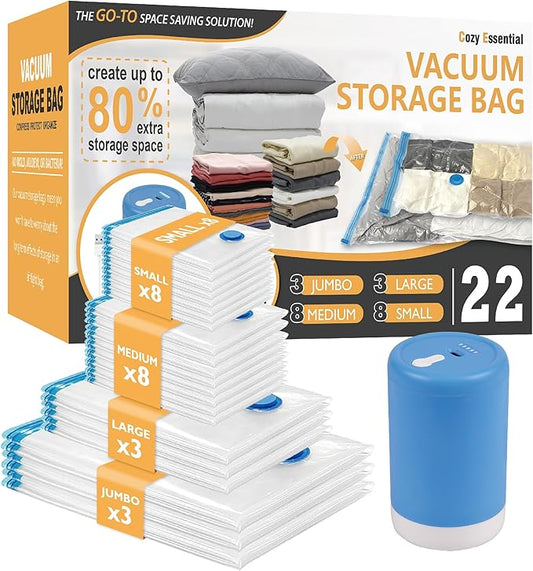 22 Pack Vacuum Storage Bags with Portable Electric Pump, Vacuum Seal Space Saver Bags for Clothing, Pillows, Blanket, Bedding, Comforters
