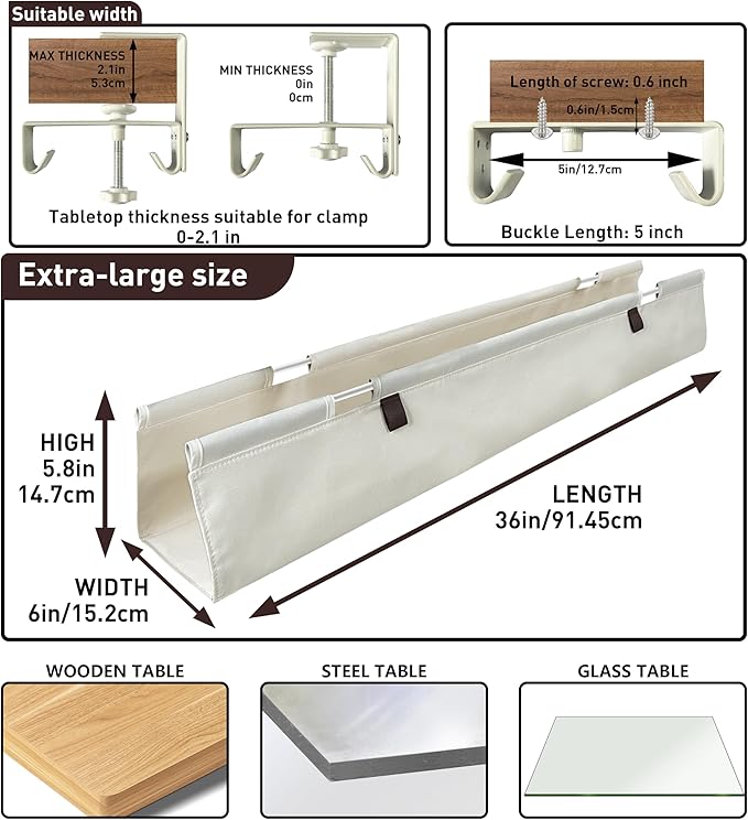 [Upgraded] Under Desk Cable Management, 36" Cord Organizer, with Silicone Pads (No Scratch!), 16 Cable Ties, Washable PE Honeycomb Base,Fits Any Desk 0-2.1", No Stinky Cardboard! Beige